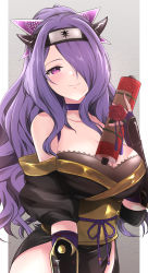 Rule 34 | 1girl, bare shoulders, blush, breasts, camilla (fire emblem), camilla (ninja) (fire emblem), choker, cleavage, collarbone, female focus, fingerless gloves, fire emblem, fire emblem fates, fire emblem heroes, fishnet top, fishnets, flower, gloves, hair over one eye, headband, highres, holding, holding scroll, komurice, large breasts, long hair, looking at viewer, ninja, nintendo, official alternate costume, ponytail, purple eyes, purple gloves, purple hair, red flower, red rose, rose, scroll, shuriken hair ornament, sidelocks, smile, solo, thighs, wavy hair