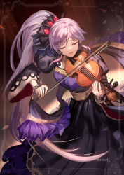 Rule 34 | 1girl, artist name, closed eyes, commission, commissioner upload, dress, fire emblem, fire emblem: genealogy of the holy war, fire emblem heroes, hair ornament, hair ribbon, highres, instrument, ishtar (fire emblem), long hair, long sleeves, music, nintendo, official alternate costume, phima, playing instrument, purple hair, ribbon, skeb commission, smile, solo, violin, watermark