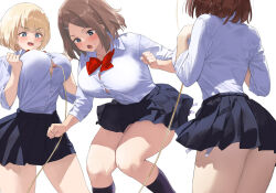 Rule 34 | 3girls, :o, black skirt, black socks, blonde hair, blue eyes, blush, bow, bowtie, breasts, brown hair, collared shirt, commentary request, jump rope, kaisen chuui, kneehighs, large breasts, long sleeves, multiple girls, open mouth, original, panties, pleated skirt, red bow, red bowtie, school uniform, shirt, shirt tucked in, short hair, side-tie panties, skirt, socks, thighs, underwear, white background, white panties, white shirt
