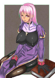 Rule 34 | 1girl, alternate color, bodysuit, breasts, brown thighhighs, covered erect nipples, cross, cross necklace, garter straps, jewelry, large breasts, long hair, necklace, pink eyes, pink hair, priest (ragnarok online), ragnarok online, shiny clothes, solo, thighhighs, zxc
