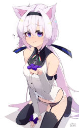 Rule 34 | .live, animal ears, blush, bottomless, breasts, carro pino, cat ears, commentary request, detached sleeves, garter belt, hair between eyes, headband, highres, kia 0088, kneeling, long hair, paw pose, purple eyes, purple hair, signature, simple background, sleeveless, small breasts, solo, thighhighs, virtual youtuber, white background