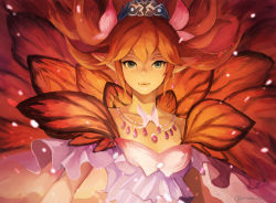Rule 34 | 1other, blue eyes, butterfly wings, dress, earrings, feo ul, final fantasy, final fantasy xiv, floating hair, insect wings, jewelry, long hair, looking at viewer, muraicchi (momocchi), necklace, pointy ears, solo, tiara, titania (final fantasy), upper body, wings