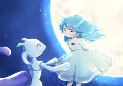Rule 34 | 1girl, amber (pokemon), arms behind back, blue eyes, blue hair, closed mouth, collarbone, creatures (company), dress, eye contact, floating hair, game freak, gen 1 pokemon, highres, legendary pokemon, long hair, looking at another, mewtwo, moon, neck ribbon, nintendo, pokemon, pokemon: the first movie - mewtwo strikes back, pokemon (anime), pokemon (classic anime), pokemon (creature), purple eyes, red ribbon, ribbon, smile, sundress, tears, white dress, yuki56