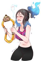 Rule 34 | absurdres, adidas, black hair, blue hair, blush, breasts, cleavage, closed eyes, commentary, cosplay, energy hair, english commentary, exercising, exhausted, frown, giving up the ghost, glasses, gradient hair, hair between eyes, headphones, highres, kivo, kson, midriff, multicolored hair, navel, open mouth, pants, parted hair, ponytail, purple sports bra, real life, red-framed eyewear, ring (ring fit adventure), ring fit adventure, ring fit trainee, ring fit trainee (cosplay), solo, sports bra, sweat, tears, tight clothes, tight pants, virtual youtuber, vshojo, yoga pants