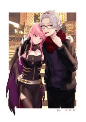 Rule 34 | 1boy, 1girl, absurdres, arm around shoulder, bangs pinned back, black dress, blunt bangs, breasts, cleavage, dated, detached sleeves, dress, fangs, glasses, hand on own hip, highres, holding, holding clothes, holding scarf, hololive, hololive english, huge filesize, kuzuha (nijisanji), large breasts, leaning on person, mori calliope, nijisanji, pink eyes, pomerui, red eyes, red scarf, scarf, see-through, see-through sleeves, shibuya (tokyo), thighhighs, tokyo (city), tongue, tongue out, vampire, virtual youtuber, white hair