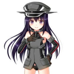 Rule 34 | 1girl, akatsuki (kancolle), alternate costume, bare shoulders, bismarck (kancolle), bismarck (kancolle) (cosplay), black panties, blush, brown gloves, commentary request, cosplay, detached sleeves, gloves, hair between eyes, hanazome dotera, hat, kantai collection, long hair, looking at viewer, military, military hat, military uniform, panties, peaked cap, purple eyes, purple hair, simple background, smile, solo, underwear, uniform, white background