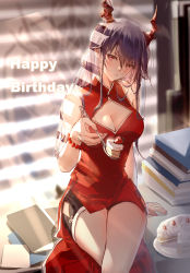 Rule 34 | 1girl, absurdres, arknights, bare shoulders, bead bracelet, beads, black hair, black shorts, bracelet, breasts, cake, cake slice, ch&#039;en (ageless afterglow) (arknights), ch&#039;en (arknights), china dress, chinese clothes, cleavage, cleavage cutout, clothing cutout, clouble, dragon horns, dress, female focus, food, highres, horns, jewelry, large breasts, long hair, looking at viewer, official alternate costume, pelvic curtain, red dress, red eyes, short shorts, shorts, sleeveless, sleeveless dress, solo, spoon, thighs