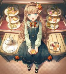 Rule 34 | 1girl, :d, black footwear, blouse, blush, bouquet, bow, brown flower, brown hair, brown rose, child, collar, cup, desk, dress, floor, flower, food, frilled collar, frills, green eyes, green pantyhose, hair flower, hair ornament, highres, holding, holding cup, indoors, kikugetsu, leaf, long hair, long sleeves, looking at viewer, macaron, open mouth, orange flower, original, pantyhose, pinafore dress, pinstripe dress, pinstripe pattern, plant, plate, raised eyebrows, red bow, red neckwear, reflection, rose, shirt, shoes, sitting, sleeveless, sleeveless dress, smile, solo, spoon, striped clothes, striped dress, table, tea, teacup, teapot, tiered tray, tile floor, tiles, tray, vertical-striped clothes, vertical-striped dress, very long hair, white flower, white pantyhose, white shirt, wooden table