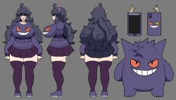 Rule 34 | 1girl, @ @, absurdres, ahoge, ass, black hair, blue eyes, breasts, cellphone, character sheet, collarbone, creatures (company), from behind, full body, game freak, gen 1 pokemon, gengar, gothic taco, grey background, hairband, hex maniac (pokemon), highres, huge breasts, long hair, long sleeves, looking at viewer, messy hair, multiple views, nintendo, open mouth, phone, pleated skirt, pokemon, pokemon (creature), pokemon xy, profile, purple thighhighs, shoes, simple background, skirt, smartphone, smile, standing, thick thighs, thighhighs, thighs