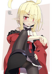 Rule 34 | 1girl, ahoge, bare shoulders, black bow, black bowtie, black pantyhose, black skirt, blonde hair, bow, bowtie, brown background, commentary request, eyes visible through hair, fang, frilled skirt, frills, glasses, hair over one eye, highres, jacket, looking at viewer, off shoulder, ogami kazuki, open clothes, open jacket, original, panties, panties under pantyhose, pantyhose, parted lips, pointy ears, ponytail, red eyes, red jacket, shirt, sidelocks, skirt, sleeveless, sleeveless shirt, solo, squiggle, thighband pantyhose, two-tone background, underwear, white background, white shirt