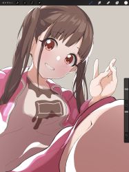 Rule 34 | 1girl, blush, breasts, brown hair, grey background, grin, hand up, highres, idolmaster, idolmaster shiny colors, jacket, long hair, long sleeves, looking at viewer, medium breasts, misekai 555, pants, pink jacket, pink pants, red eyes, shirt, simple background, smile, solo, sonoda chiyoko, track jacket, track pants, track suit, twintails, v, white shirt