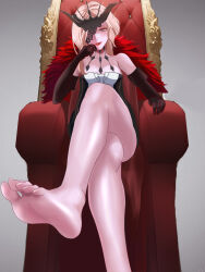 Rule 34 | 1girl, barefoot, blonde hair, blue eyes, crossed legs, elbow gloves, feet, genshin impact, gloves, long hair, looking at viewer, one eye covered, parted lips, signora (genshin impact), sitting, soles, throne, toes