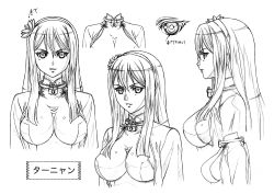 Rule 34 | 10s, 1girl, absurdres, breasts, character sheet, chinese clothes, close-up, female focus, hair ornament, hairband, highres, large breasts, lips, long hair, monochrome, multiple views, official art, queen&#039;s blade, queen&#039;s blade rebellion, skin tight, solo, tarnyang (queen&#039;s blade), translation request, upper body, white background