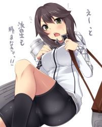 Rule 34 | 10s, 1girl, bad id, bad twitter id, brown hair, flying sweatdrops, green eyes, hair between eyes, hayasui (kancolle), highres, kantai collection, looking at viewer, nksk, open mouth, simple background, solo, sweat, text focus, translation request, upper body