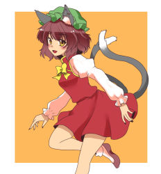 Rule 34 | 1girl, :d, \||/, animal ear fluff, animal ears, blush, bobby socks, border, bow, bowtie, brown hair, cat ears, cat tail, chen, earrings, ellipsis (mitei), fingernails, foot out of frame, hat, jewelry, long fingernails, long sleeves, looking at viewer, medium hair, multiple tails, nail polish, nekomata, open mouth, orange background, puffy long sleeves, puffy sleeves, red nails, simple background, smile, socks, solo, standing, standing on one leg, tail, touhou, two tails, white border, yellow bow, yellow bowtie