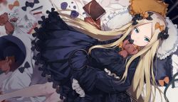 Rule 34 | 1girl, abigail williams (fate), bed sheet, black bow, black dress, black hat, blonde hair, blue eyes, book, bow, bug, butterfly, child&#039;s drawing, dress, fate/grand order, fate (series), flower, forehead, frilled pillow, frills, hair bow, hat, hugging object, insect, key, lavinia whateley (fate), long hair, long sleeves, looking at viewer, lying, on back, orange bow, oversized object, parted bangs, parted lips, pencil, pillow, polka dot, polka dot bow, porch5681, purple flower, purple rose, rose, sleeves past fingers, sleeves past wrists, solo, stuffed animal, stuffed toy, teddy bear, unworn hat, unworn headwear, very long hair