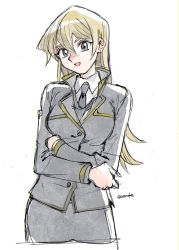 Rule 34 | 1girl, 203wolves, :d, blazer, blonde hair, brown eyes, collared shirt, contrapposto, cropped torso, earrings, graphite (medium), grey necktie, grey skirt, hair between eyes, jacket, jewelry, long hair, long sleeves, looking at viewer, military, military uniform, miniskirt, necktie, open mouth, pencil skirt, shirt, simple background, sketch, skirt, smile, solo, straight hair, tenjouin asuka, traditional media, uniform, very long hair, white background, white shirt, wing collar, yu-gi-oh!, yu-gi-oh! gx
