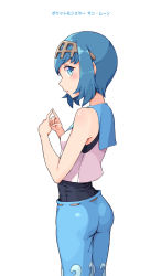 Rule 34 | 1girl, blue eyes, blue hair, blue nails, blue sailor collar, blush, cloba (daeniel811015), creatures (company), fingers together, game freak, highres, index fingers together, lana (pokemon), looking at viewer, matching hair/eyes, nail polish, nintendo, pokemon, pokemon sm, profile, sailor collar, school swimsuit, short hair, simple background, solo, swimsuit, swimsuit under clothes, trial captain, white background