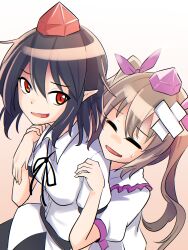 Rule 34 | 2girls, absurdres, ashiroku (miracle hinacle), black hair, black skirt, brown hair, collared shirt, commentary request, gradient background, hair between eyes, hat, highres, himekaidou hatate, long hair, multiple girls, open mouth, pointy ears, puffy short sleeves, puffy sleeves, purple headwear, red eyes, red headwear, shameimaru aya, shirt, short hair, short sleeves, skirt, smile, tokin hat, touhou, twintails, white shirt