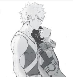Rule 34 | 2boys, adam&#039;s apple, bakugou katsuki, bare shoulders, biceps, boku no hero academia, closed mouth, collarbone, couple, curly hair, freckles, furrowed brow, height difference, hug, kiwii, looking at another, male focus, mask, midoriya izuku, mouth mask, multiple boys, pale skin, pectorals, pectorals, profile, serious, short hair, simple background, spiked hair, toned, white background, yaoi
