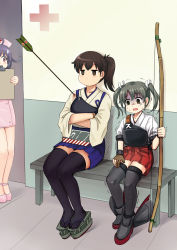 Rule 34 | 10s, 3girls, ahoge, arrow (projectile), arrow in body, black legwear, blood, bow (weapon), brown eyes, brown hair, commentary, cross, crossed arms, hat, highres, injury, jitome, kaga (kancolle), kantai collection, mary janes, meme, multiple girls, muneate, no mouth, nurse, nurse cap, photo-referenced, purple hair, red cross, red eyes, scared, shoes, side ponytail, sitting, sweat, sweatdrop, taigei (kancolle), tears, thighhighs, trembling, turn pale, twintails, weapon, y.ssanoha, zettai ryouiki, zuikaku (kancolle)