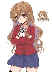 Rule 34 | 1girl, aisaka taiga, black ribbon, black thighhighs, blazer, blue skirt, blush, chibi, closed mouth, collared shirt, commentary request, crossed arms, fingernails, hair between eyes, head tilt, jacket, light brown hair, long hair, long sleeves, looking at viewer, multiple views, neck ribbon, nuno (pppompon), oohashi high school uniform, pleated skirt, red eyes, red jacket, ribbon, school uniform, shirt, skirt, thighhighs, toradora!, very long hair, white shirt