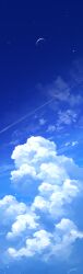 Rule 34 | blue sky, cloud, contrail, crescent moon, day, highres, moon, no humans, original, outdoors, rune xiao, scenery, sky, sky focus, star (sky)