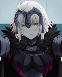 Rule 34 | 1girl, ahoge, blonde hair, blush, breasts, fate/grand order, fate (series), feathers, hasebe akira, headpiece, highres, jeanne d&#039;arc (fate), jeanne d&#039;arc alter (avenger) (fate), jeanne d&#039;arc alter (fate), looking at viewer, medium breasts, open mouth, short hair, solo, upper body, yellow eyes