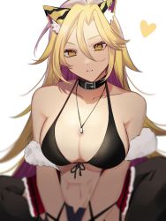 Rule 34 | 1girl, 6ta6tam, animal ears, belt collar, blonde hair, breasts, cleavage, collar, commission, hair between eyes, heart, highres, indie virtual youtuber, long hair, looking at viewer, second-party source, simple background, skeb commission, solo, tiger ears, virtual youtuber, white background