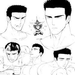 Rule 34 | 2boys, ao isami, bara, bravern, collage, cropped head, expressions, facial hair, fle0423, frown, greyscale, heart, heart hands, highres, large pectorals, male focus, medium sideburns, monochrome, multiple boys, muscular, muscular male, nude, pectorals, sideburns stubble, slime (substance), sparkling aura, stubble, thick eyebrows, upper body, yaoi, yuuki bakuhatsu bang bravern