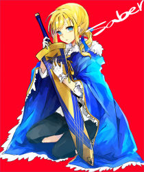Rule 34 | 1girl, artoria pendragon (fate), avalon (fate/stay night), bad id, bad pixiv id, blonde hair, blue eyes, cape, character name, excalibur (fate/stay night), fate/zero, fate (series), full body, gloves, gmanee, hair ribbon, kneeling, ponytail, red background, ribbon, saber (fate), sheath, sheathed, solo, sword, weapon