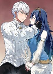 Rule 34 | 1boy, 1girl, alternate costume, ameno (a meno0), ascot, bare shoulders, black gloves, black pants, blue hair, blue shirt, blush, breasts, brown eyes, commentary request, detached sleeves, eye contact, fire emblem, fire emblem awakening, fire emblem heroes, gloves, hand on another&#039;s face, height difference, hetero, holding hands, imminent kiss, indoors, jewelry, long hair, looking at another, lucina (fire emblem), medium breasts, nintendo, pants, profile, ring, robin (fire emblem), robin (male) (exalt&#039;s deliverer) (fire emblem), robin (male) (fire emblem), see-through, see-through sleeves, shirt, short hair, skirt, sleeveless, sleeveless shirt, white ascot, white hair, white shirt, white skirt