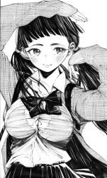 Rule 34 | 1girl, absurdres, arms up, blush, bow, bowtie, breasts, buttons, cleavage, closed mouth, collared shirt, commentary request, earrings, gagaimo, greyscale, highres, jewelry, large breasts, long sleeves, looking to the side, monochrome, monochrome, nose blush, original, pleated skirt, school uniform, shirt, skirt, smile, solo, twintails, uniform