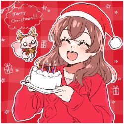 Rule 34 | 1girl, blush, brown hair, cake, christmas, closed eyes, delicious party precure, food, hat, highres, kome-kome (precure), long hair, nagomi yui, open mouth, precure, red sweater, santa hat, smile, sweater, yufu kyouko