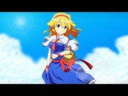 Rule 34 | 1girl, alice margatroid, belt, blonde hair, blue eyes, blue sky, blush, capelet, cato (monocatienus), cloud, day, dress, hairband, lens flare, letterboxed, looking at viewer, open mouth, picnic basket, sash, sky, solo, sun, touhou, wristband