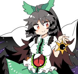 Rule 34 | 1girl, arm cannon, bird wings, black hair, black wings, blush, bow, closed mouth, collared shirt, feathered wings, green bow, green skirt, hair between eyes, hair bow, ini (inunabe00), long hair, orange eyes, reiuji utsuho, shirt, short sleeves, simple background, skirt, smile, solo, third eye, touhou, upper body, weapon, white background, white shirt, wings