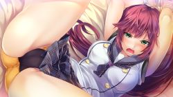 Rule 34 | 1girl, arms up, bdsm, blue skirt, bondage, bound, bound wrists, brown hair, game cg, green eyes, highres, isami ritsu, long hair, looking at viewer, lying, marushin (denwa0214), on back, open mouth, panties, pleated skirt, restrained, rope, shirt, skirt, solo, spread legs, sukui no serenade, underwear, white shirt, yellow panties