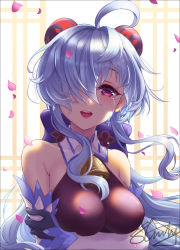 Rule 34 | 1girl, :d, ahoge, bare shoulders, bell, black gloves, blue hair, bow, breasts, cherry blossoms, commentary request, cowboy shot, detached sleeves, ganyu (genshin impact), genshin impact, gloves, goat horns, hair over one eye, highres, horns, long hair, looking at viewer, medium breasts, neck bell, open mouth, petals, pink lips, purple bow, purple eyes, sidelocks, signature, slinly, smile, solo, tears, very long hair, white sleeves