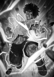 Rule 34 | 1boy, absurdres, action, boku no hero academia, clenched hand, clenched teeth, debris, dust, electricity, explosion, glowing, glowing eyes, greyscale, highres, incoming attack, incoming punch, injury, jumping, looking at viewer, male focus, manip, midoriya izuku, midriff, monochrome, motion blur, outstretched arm, punching, shirt, short hair, short sleeves, shorts, solo, t-shirt, teeth, torn clothes, w