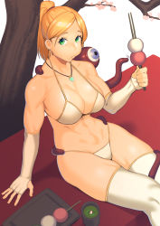 Rule 34 | 1girl, absurdres, bare shoulders, bikini, blonde hair, breasts, cheek bulge, cherry blossoms, cleavage, dango, dyun, eating, elbow gloves, fingerless gloves, food, gloves, green eyes, highres, holding, jewelry, large breasts, looking at viewer, medium hair, monster, navel, necklace, original, ponytail, sanshoku dango, sitting, solo, swimsuit, tentacles, thighhighs, tree, wagashi, white bikini, white gloves, white thighhighs