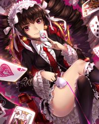 Rule 34 | 10s, 1girl, ace (playing card), ace of hearts, black hair, black legwear, bonnet, card, celestia ludenberg, claw ring, cup, danganronpa: trigger happy havoc, danganronpa (series), dart, drill hair, frills, gothic lolita, heart, joker (playing card), king (playing card), king of clubs, lolita fashion, long hair, monokuma, necktie, playing card, queen (playing card), queen of clubs, red eyes, smile, solo, suika01, teacup, twin drills, twintails