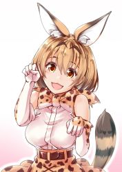 Rule 34 | 10s, 1girl, :3, animal ears, bare shoulders, blonde hair, blush, bow, bowtie, breasts, cat ears, cat tail, elbow gloves, ganari ryuu, gloves, highres, kemono friends, large breasts, looking at viewer, open mouth, paw pose, serval (kemono friends), serval print, serval tail, short hair, sleeveless, smile, solo, tail, yellow eyes