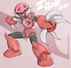 Rule 34 | 1girl, brown eyes, character name, claws, dark-skinned female, dark skin, fighting stance, gundam, looking to the side, mecha, mecha musume, mobile suit gundam, personification, pink hair, red background, robot, solo, sunafuki tabito, z&#039;gok char custom