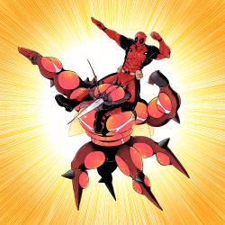 Rule 34 | 1boy, abs, antennae, bodysuit, bug, buzzwole, chacapoco, clenched hand, creatures (company), crossover, deadpool, deadpool (series), emphasis lines, flexing, full body, game freak, gen 7 pokemon, gloves, insect, insect wings, legendary pokemon, male focus, marvel, mask, mosquito, muscular, nintendo, outstretched arm, pokemon, pokemon (creature), pokemon sm, sitting on shoulder, spikes, ultra beast, wings