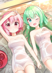 Rule 34 | 2girls, ;d, armpits, bare shoulders, blue eyes, blush, breasts, cleavage, collarbone, green hair, highres, holding hands, komeiji koishi, komeiji satori, long hair, looking at viewer, lying, multiple girls, naked towel, ominaeshi (takenoko), on back, one eye closed, open mouth, parted lips, partially submerged, pink eyes, pink hair, short hair, siblings, sisters, small breasts, smile, touhou, towel