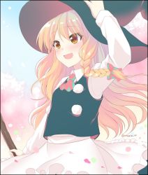 Rule 34 | 1girl, :d, apron, arm up, ascot, blonde hair, blush, braid, broom, cherry blossoms, collared shirt, commentary, fang, hat, kirisame marisa, long hair, nnyara, open mouth, shirt, single braid, skirt, skirt set, smile, solo, touhou, twitter username, vest, waist apron, witch hat, yellow eyes