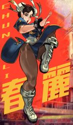 1girl, alex ahad, blue leotard, boots, bracelet, breasts, capcom, character name, chun-li, cleavage, commentary, double bun, english commentary, fatal fury, fighting stance, highres, jewelry, jumping, large breasts, leotard, pantyhose, ponytail, shiranui mai, spiked bracelet, spikes, squatting, street fighter, street fighter iii (series), the king of fighters, thighs, white footwear
