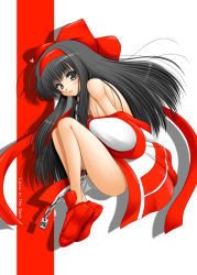 Rule 34 | 1girl, ainu clothes, akanako, bare shoulders, black eyes, black hair, blush, bottomless, bow, breasts, cleavage, english text, engrish text, fingerless gloves, gloves, heart, long hair, nakoruru, ranguage, red bow, samurai spirits, shoes, smile, snk, solo, traditional clothes, typo