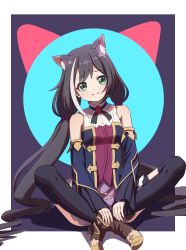 Rule 34 | 1girl, absurdres, animal ear fluff, animal ears, black hair, black thighhighs, border, breasts, cat ears, closed mouth, detached sleeves, dress, full body, godyuurei, green eyes, highres, indian style, jacket, karyl (princess connect!), layered dress, long hair, looking at viewer, low twintails, multicolored hair, outside border, princess connect!, purple jacket, sitting, sleeveless, sleeveless dress, small breasts, solo, streaked hair, thighhighs, twintails, very long hair