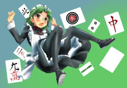 Rule 34 | 00s, 1girl, :o, alternate costume, apron, arms up, black pantyhose, blush, board game, bow, bowtie, buttons, convenient leg, dress, dutch angle, flat chest, frilled apron, frills, glasses, gradient background, green hair, kneepits, long sleeves, looking at viewer, mahjong, mahjong tile, maid, maid apron, maid headdress, mary janes, mas (5734ghji), open mouth, pantyhose, petticoat, red eyes, rimless eyewear, saki (manga), shoes, short hair, sitting, solo, someya mako, spread legs, turtleneck, wide sleeves